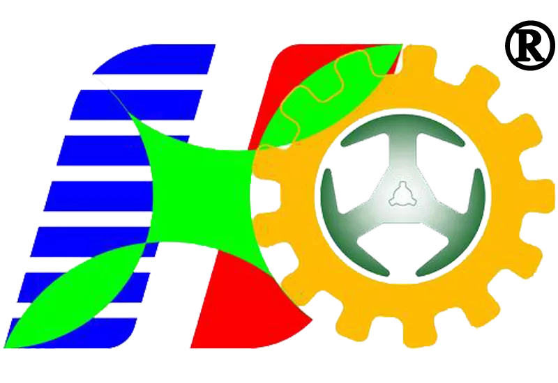 带注册商标标识的工业风格品牌Logo，主体含黄色齿轮与蓝、绿、红装饰图形